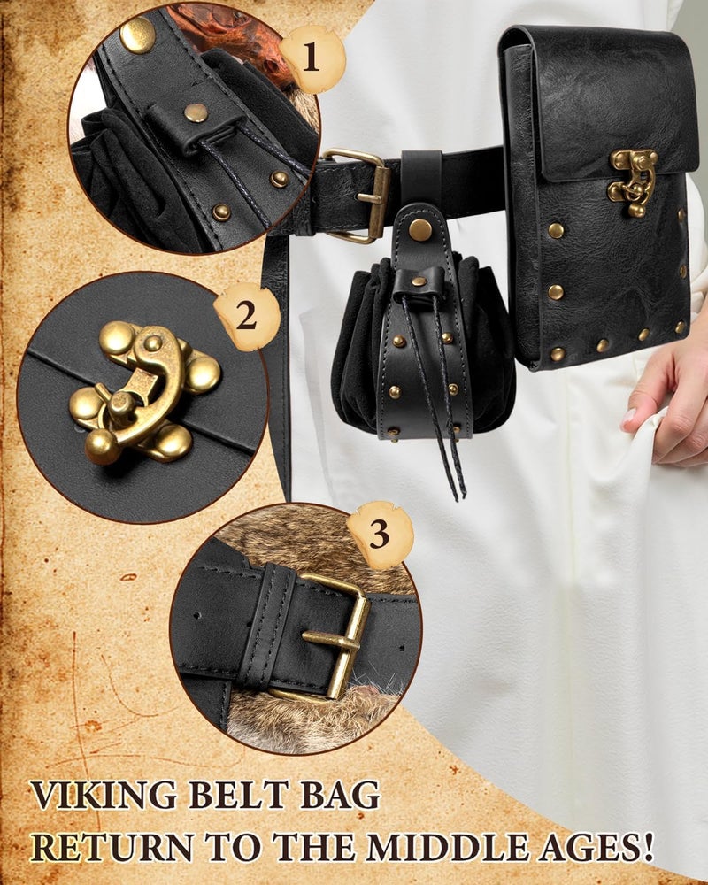 SUMGOGO Belt Pouch Waist Bag Fanny Pack Steampunk Phone Holder Casual Medieval Renaissance Cosplay Costume Accessories (2Pouch-Black) - Image 3